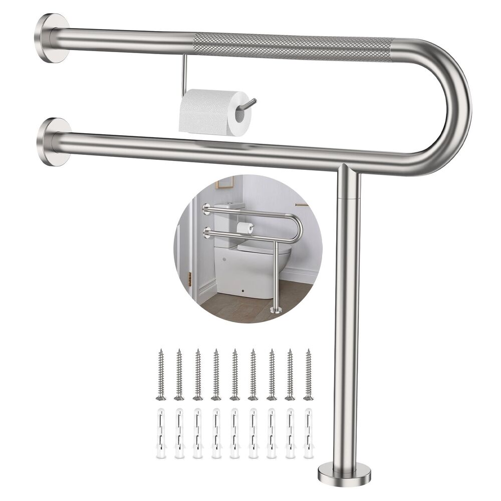 Toilet Grab Bar31.5x28", Brushed Nickel Support Bar with Toilet Paper Holder